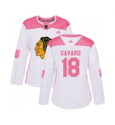 Womens Chicago Blackhawks #18 Denis Savard Authentic White Pink Fashion NHL Jersey