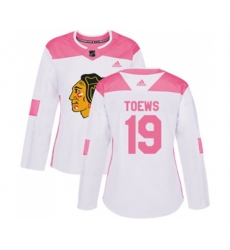 Womens Chicago Blackhawks #19 Jonathan Toews Authentic White Pink Fashion NHL Jersey