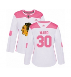 Womens Chicago Blackhawks #30 Cam Ward Authentic White Pink Fashion NHL Jersey