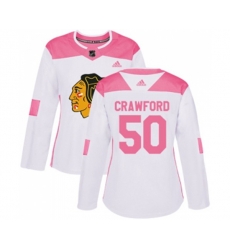 Womens Chicago Blackhawks #50 Corey Crawford Authentic White Pink Fashion NHL Jersey