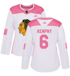 Womens Chicago Blackhawks #6 Michal Kempny Authentic White Pink Fashion NHL Jersey
