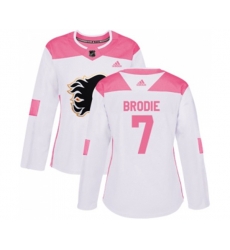 Women Calgary Flames #7 TJ Brodie Authentic White Pink Fashion Hockey Jersey