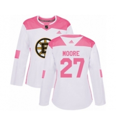 Women Adidas Boston Bruins #27 John Moore Authentic White Pink Fashion NHL Jersey