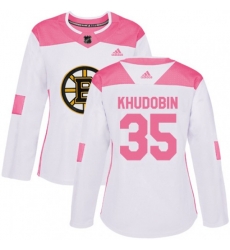 Women Adidas Boston Bruins #35 Anton Khudobin Authentic White Pink Fashion NHL Jersey