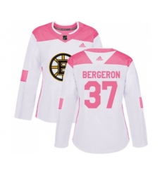 Women Boston Bruins #37 Patrice Bergeron Authentic White Pink Fashion Hockey Jersey