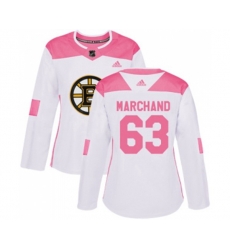 Women Boston Bruins #63 Brad Marchand Authentic White Pink Fashion Hockey Jersey