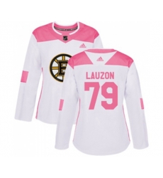 Women Boston Bruins #79 Jeremy Lauzon Authentic White Pink Fashion Hockey Jersey