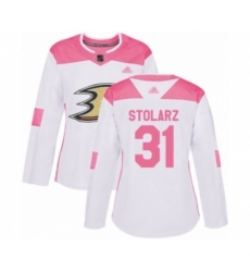 Womens Anaheim Ducks #31 Anthony Stolarz Authentic White Pink Fashion Hockey Jersey