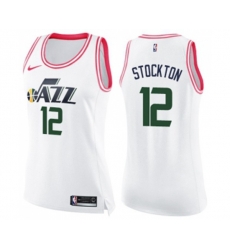 Womens Utah Jazz #12 John Stockton Swingman White Pink Fashion Basketball Jersey