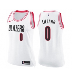Womens Portland Trail Blazers #0 Damian Lillard Swingman White Pink Fashion Basketball Jersey