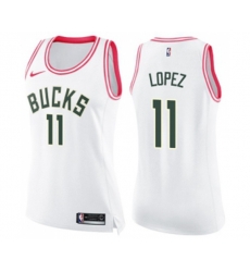 Womens Milwaukee Bucks #11 Brook Lopez Swingman White Pink Fashion Basketball Jersey