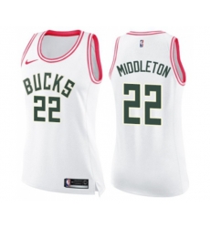 Womens Milwaukee Bucks #22 Khris Middleton Swingman White Pink Fashion Basketball Jersey