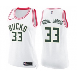 Womens Milwaukee Bucks #33 Kareem Abdul-Jabbar Swingman White Pink Fashion Basketball Jersey