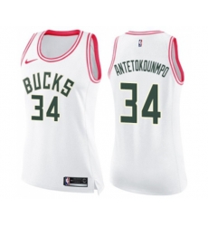 Womens Milwaukee Bucks #34 Giannis Antetokounmpo Swingman White Pink Fashion Basketball Jersey