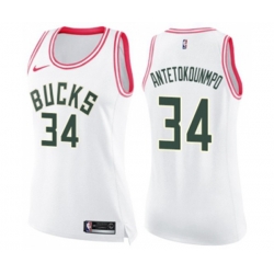 Womens Milwaukee Bucks #34 Giannis Antetokounmpo Swingman White Pink Fashion Basketball Jersey