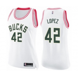 Womens Milwaukee Bucks #42 Robin Lopez Swingman White Pink Fashion Basketball Jersey