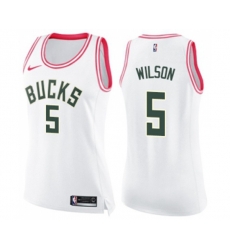 Womens Milwaukee Bucks #5 D. J. Wilson Swingman White Pink Fashion Basketball Jersey