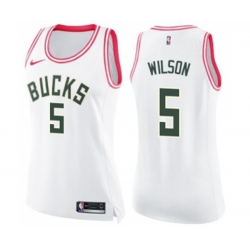 Womens Milwaukee Bucks #5 D. J. Wilson Swingman White Pink Fashion Basketball Jersey