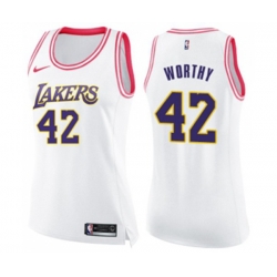 Womens Los Angeles Lakers #42 James Worthy Swingman White Pink Fashion Basketball Jersey