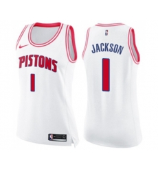 Womens Detroit Pistons #1 Reggie Jackson Swingman White Pink Fashion Basketball Jersey