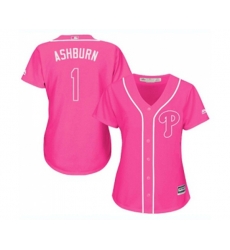 Womens Philadelphia Phillies #1 Richie Ashburn Authentic Pink Fashion Cool Base Baseball Jersey