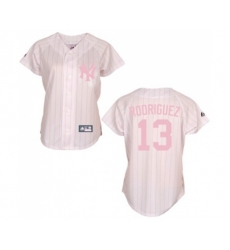 Womens New York Yankees #13 Alex Rodriguez Replica White Pink Strip Baseball Jersey