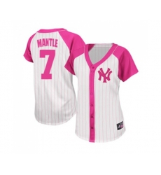 Womens New York Yankees #7 Mickey Mantle Replica White Pink Splash Fashion Baseball Jersey