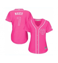 Womens Minnesota Twins #7 Joe Mauer Authentic Pink Fashion Cool Base Baseball Jersey