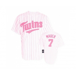 Womens Minnesota Twins #7 Joe Mauer Replica White Pink Strip Baseball Jersey