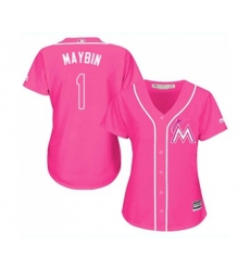 Womens Miami Marlins #1 Cameron Maybin Authentic Pink Fashion Cool Base Baseball Jersey