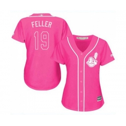 Womens Cleveland Indians #19 Bob Feller Authentic Pink Fashion Cool Base Baseball Jersey